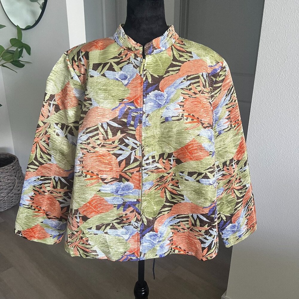 Silk Land Womens Colorful Floral Long Sleeve Jacket Full Zip Coat Sz 1X Fall